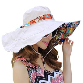 WITERY Sun Hats for Women - Foldable Floopy Reversible Wide Brim Beach Hats Cotton Ladies Packable UPF 50+ Summer Travel Hat Visors Cap with Bohemia Ribbon Beige