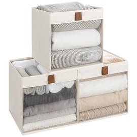 StorageWorks 11x11 Storage Cubes with Clear Window, Fabric Storage Box with PU Handles, Collapsible Storage Bins Organizer for Closet, Beige, 3-Pack