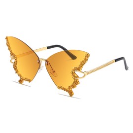 YAMEIZE Diamond Butterfly Rimless Sunglasses - Trendy Crystal Rhinestone Butterfly Eyewear UV Protection for Women Men Party, Gradient Yellow, Oversized