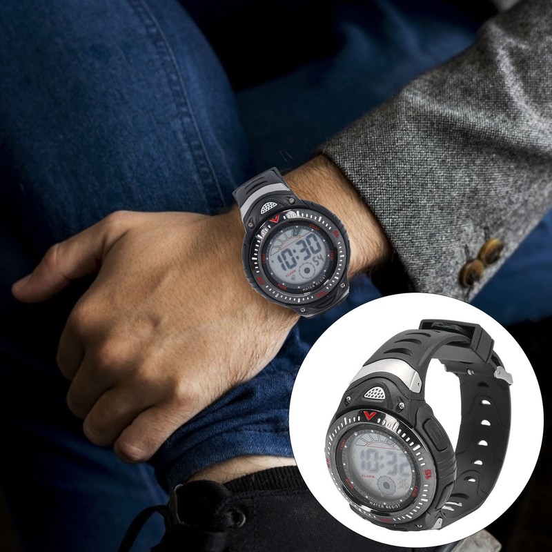Black Men Digital Watch Waterproof LED Backlight Stopwatch Countdown 12/24