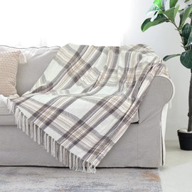 Taupe Grey and White Plaid Decor Tartan Blanket, Lightweight Soft Chenille Striped Knitted Rustic Farmhouse Throw with Tassels for Couch Sofa Chair Bed Office Home, 60" x 80"