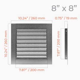 HVAC OV 8" x 8" Inch Galvanized Steel Vent Cover - Square Industrial Air Vent Louver for Wall, House, Garage - Wire Screen Mesh Louver Grille for Crawlspace - Soffit Exhaust Vent, Dryer Vent Cover