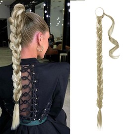 BARSDAR 26 Inch Long Braided Ponytail Extension with Hair Tie Straight Wrap Around Hair Extensions Pony Tail DIY Natural Soft Synthetic Hairpiece for Women -Light Ash Brown & Bleach Blonde