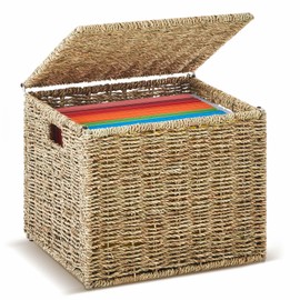 Marspark Seagrass File Storage Box Organizers Decorative File Baskets for Hanging Folders Portable Collapsible Letter Size Document Filing Cabinet with Lid for Office Decor Home,Natural