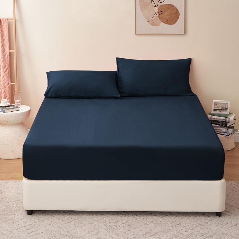 RUIKASI King Fitted Sheet Deep - Navy Blue Bottom Sheet