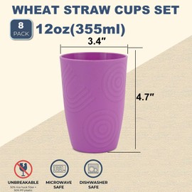 Wrova Wheat Straw Cups 12oz set of 8 with Etched Pattern - Alternative Plastic Cups Dishwasher Safe and Microwave Safe - Plastic Drinking Cups Unbreakable for Outdoors,Yellow-Green-Blue-Purple