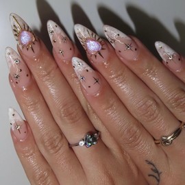 BABALAL Press on Nails Medium ALmond Fake Nails White Ombre Glue on Nails Supplies Stiletto Acrylic Nails Heart Charm Design False Nails Art 24Pcs Glossy Manicure Stick on Nails