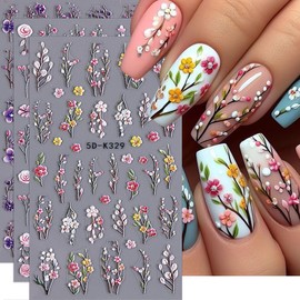 Flower Nail Stickers 5D Embossed Spring Nail Decals 3PCS Self-Adhesive Pink Purple Rose Plant Heart Nail Design Stickers Acrylic Flowers Nail Art Supplies for Women DIY Nail Art Decorations