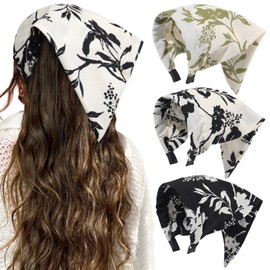 HAIMEIKANG Floral Bandana Headbands for Women Boho Hair Bandanas Scarf Triangle Kerchief Hair Bands Vintage Head Scarf(Black+Green+Beige)