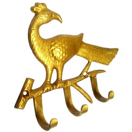 Purpledip Brass Wall Hooks 'Proud Peacock': Vintage Design Decorative Hanger (11822)