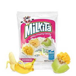 Milkita Creamy Shake Candy Bag, Gluten Free Chewy Candies with Calcium & Real Milk, Zero Trans Fat, Low-Sugar, Tropical Flavors (Banana, Honeydew, Mango), 30 Pcs