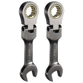 HARFINGTON 2Pcs Flex Head Stubby Ratcheting Combination Wrench 12mm Metric 72-Teeth CR-V Steel Nickel Plated Flex-Head Ratchet Wrench for Fasteners Nut Bolt