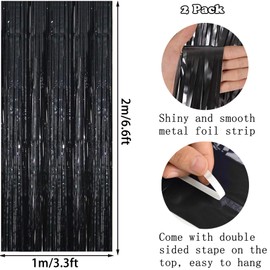 Pack of 2 Foil Fringe Backdrop Curtains, Tinsel Streamers Party Decorations, Photo Booth Props for Birthday, Wedding, Engagement, Baby Shower, Bachelorette, Christmas, Holiday, Celebration (Black)