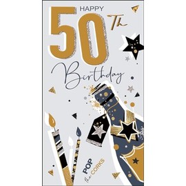 Jonny Javelin Male 50th Birthday Card - Age 50 - Champagne Bottle and Stars Embossed with Foil and Flitter Details
