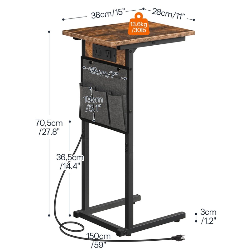 HOOBRO C Shaped Side Table with Charging Station, Slide Under