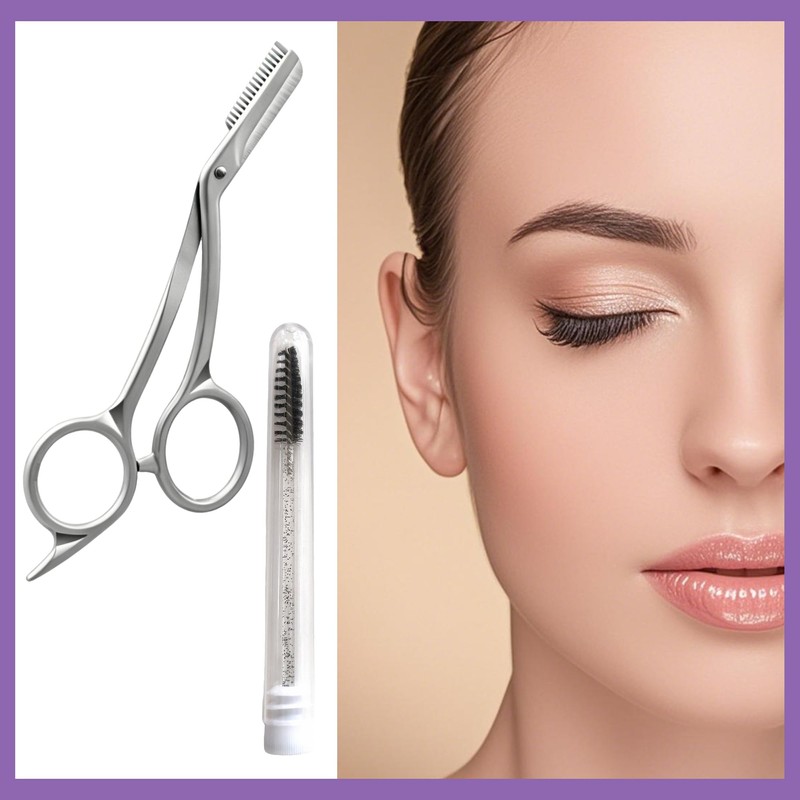 2 Pcs Eyebrow Scissors and Brush Kit Stainless Steel Trimmer