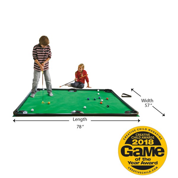 HearthSong Golf Pool Indoor Family Game Kids Toy Carbon Fiber 78"Lx57"W Includes Golf Clubs, 16 Balls, Green Mat, Rails