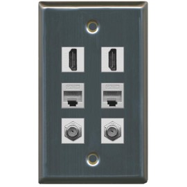 RiteAV - 2 HDMI 2 Port Coax Cable TV- F-Type 2 Port Cat5e Ethernet Wall Plate - Stainless Steel