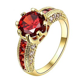 18K Rose Gold/Yellow Gold Plated Shiny Full Diamond Red Garnet Birthstone Red Gemstone Ring Fashion Eternity Engagement Wedding Band Ring Promise Ring for Women ST.279, 10, Cubic Zirconia, Cubic