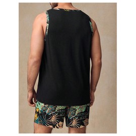 GORGLITTER Men's 2 Pieces Set Floral Print Elastic Waist Shorts Sleeveless Tank Top Outfit Tracksuit Black Tropical Leaf Small