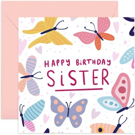 Old English Co. Butterfly Birthday Card for Sister - Colourful Birthday Card for Her from Brother Sibling - Colourful Pastel Heart Butterfly Happy Birthday Card for Sis | Blank Inside with Envelope