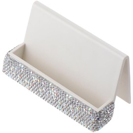 Dohobby - Soporte para tarjetas de visita de vidrio con diamantes de imitación, color blanco para almacenamiento de tarjetas de computadora para oficina en casa