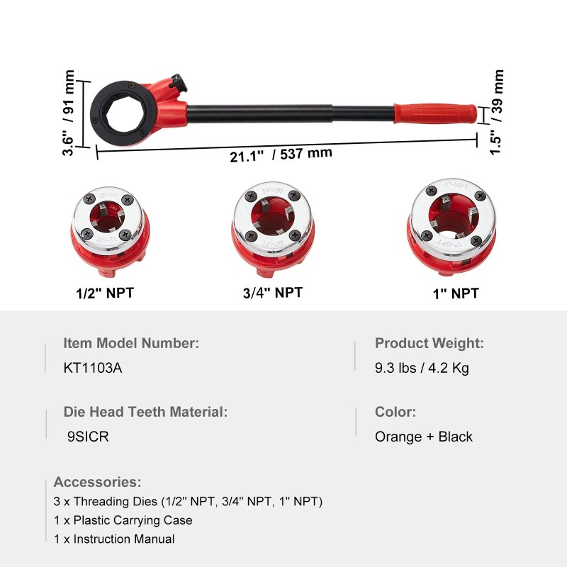 Portable Manual Ratcheting Pipe Threader Kit 1/2\" NPT 3/4\" NPT
