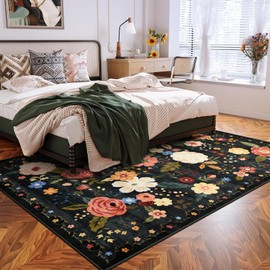 5x7 Washable Area Rug for Living Room, Floral Non-Slip Non-Shedding & Easy Care, Soft Low Pile Boho Indoor Floor Carpet for Living Room, Bedroom, Farmhouse, Dining Room, Kids Playroom, Black