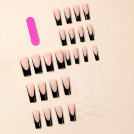 Black French Tip Press-On Nails: Extra Long, Square, Glossy, Full Cover, Acrylic Glue with Stick-On Nails - DIY Manicure Decoration