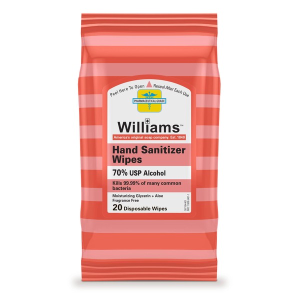 Hand Sanitizer Wipes by Williams, Antibacterial, Kills 99.99% of Common Bacteria, 70% Alcohol, With Moisturizing Gylcerin + Aloe, Fragrance Free, Keeps Hands Clean On The Go, 20 Wipes