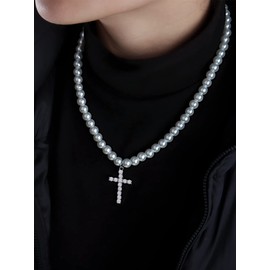 Pearl Necklace for Men Layered Pearl Necklace for Men Round White Pearl Layered Choker Necklace Pearl Jewelry for Women (14304-cross)