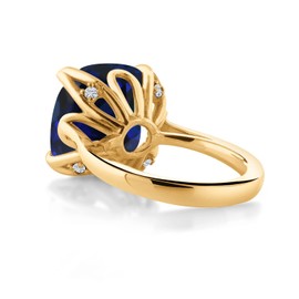 Gem Stone King 18K Yellow Gold Plated Silver Blue Created Sapphire and White Created Sapphire Engagement Ring For Women (14.12 Cttw, 14MM Cushion, Size 7)