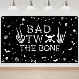 Avezano Bad Two The Bone - Banner de telón de fondo con temática de esqueleto, decoración de segundo cumpleaños para niños, fiesta de cumpleaños de 2 años, pancarta de fiesta de cumpleaños (negro, 6 x