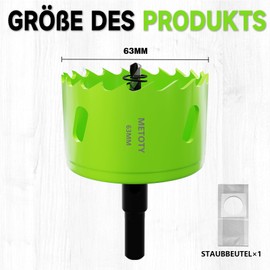 METOTY 63 mm Bi-Metal Hole Saw, Universal HSS M42 Hole Saws, with Triangular Shank Adapter and Pilot Drill, A Free Dust Bag for Aluminium, Metals, Plastics, Acrylic Glass, Wood, Plasterboard