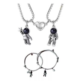 Veraly Set 2 Pulseras Y 2 Collares Pareja Astronauta Acero Inox 4pz