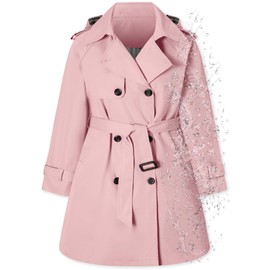 Betusline Girl's Rain Jackets Double Breasted Belted Waterproof Hooded Trench Coat Windbreaker Raincoats for Girls,Waterproof-2# Pink,6-7 Years = Tag 130