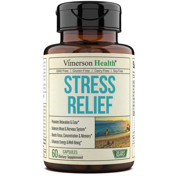 Stress Relief Supplement with Ashwagandha, Valerian, Chamomile, Gaba & St John's Wort - Promotes Relaxation and Ease, Energy, Mood and Brain Health - Focus, Concentration and Memory. Gluten & GMO Free
