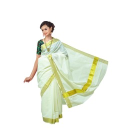 Kerala Saree Women's Cotton Cream Solid Plain Golden Zari Bordered Premium Traditional Elegance Onam Special Kavasu Saree (Plain)