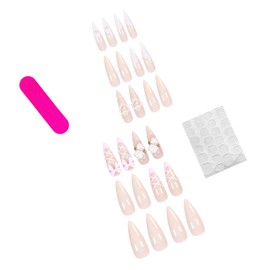 24 Pcs Long Almond Press on Nails French Tip Fake Nails with 3D Flower Bow Charms Acrylic Nails Press ons Pearl Design Stiletto Nail Tips Glossy Glue on False Nails Reusable Stick on Nails for Women