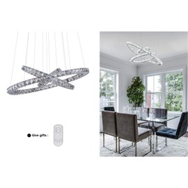 Modern Crystal Chandeliers Dimmable Round Pendant Lighting with Remote 2 Rings LED Ceiling Hanging Light Fixture for Foyer Dining Room Living Room Bedroom, 3000K/4000K/6000K 15.75”+7.7”