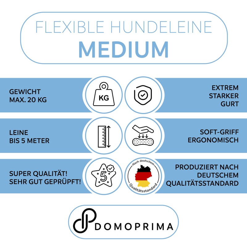 DOMOPRIMA Flexible Dog Lead in 3 Sizes (S,M,L) and 4