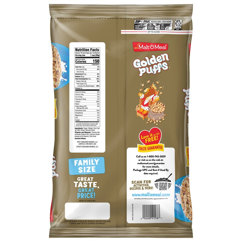 Malt-O-Meal Golden Puffs Breakfast Cereal, Sweetened Puffed Wheat Cereal, 25