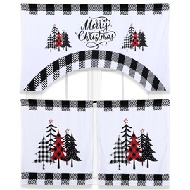 Ganeen 3 Piece Christmas Kitchen Curtain Set Kitchen Window Tier Curtains and Valance Buffalo Plaid Curtains Black and White Kitchen Curtain Polyester Farmhouse Kitchen Curtains Christmas Decoration