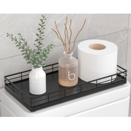 Toilet Paper Basket Organizer – Oak Wood Toilet Tank Tray with Metal Frame, Back of Tank or Top Bathroom Counter Storage – Black Modern Decor