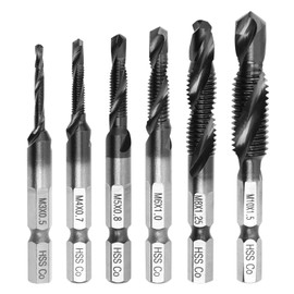XMSSAA Tap Drill Set of 6 for Stainless Steel Hexagonal Shaft Drill Tap Chamfer Tap Drilling Threading Spiral Tap HSS-Co M35 Cobalt High Speed Steel Titanium Nitride Aluminum Coating for Ironwork and Metalwork M3-M10