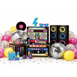 45 Pcs 80s 90s Party Decor Hip Hop Set Large Paper Boombox Boxes Novelty Treat Boxes Boom Cassette Disco Ball Foil Balloons for Retro 1980s 1990s Music Theme Birthday Neon Disco Music Party Supplies