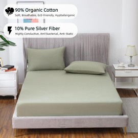 JIUMIWA Grounding Sheet Twin XL Size with 15ft Cord, 90% Organic Cotton + 10% Silver Fiber, Conductive Earthing Bed Sheets for Better Sleep and Wellness (Green, Twin XL - 39"x80"x13")