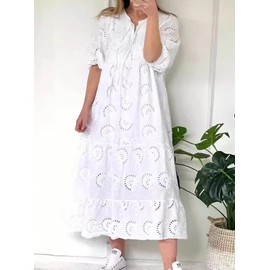 chouyatou Women's Summer Loose Floral Lace Eyelet Dress Boho Casual Notch Neck Maxi Tunic Beach Dress (Large, White)