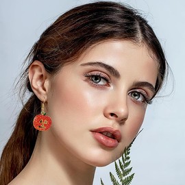 Halloween Full Rhinestone Pumpkin Earrings, Funny Jack-O'-Lantern Dangle Earrings, Fashion Jewelry for Holiday Party, Hypoallergenic Alloy Ear Hooks for Women (Gold)