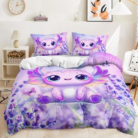 AILONEN Purple Floral Axolotl Duvet Cover Set Twin,Cute Cartoon Lavender Butterfly Axolotl Bedding Set for Kids,Ocean Comforter Cover with 2 Pillowcases,3Pcs